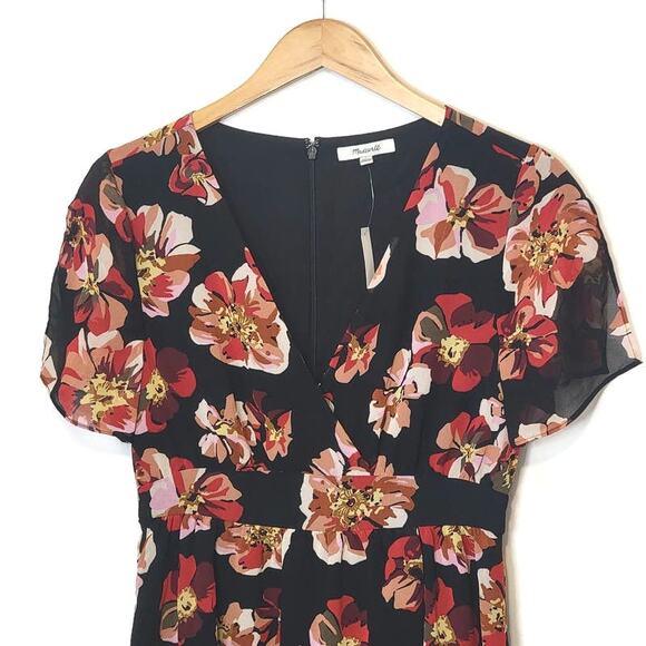 Madewell Black Red Floral Mini Dress V Neck Short Sleeve Fit and Flare Chic 4 - Picture 3 of 16